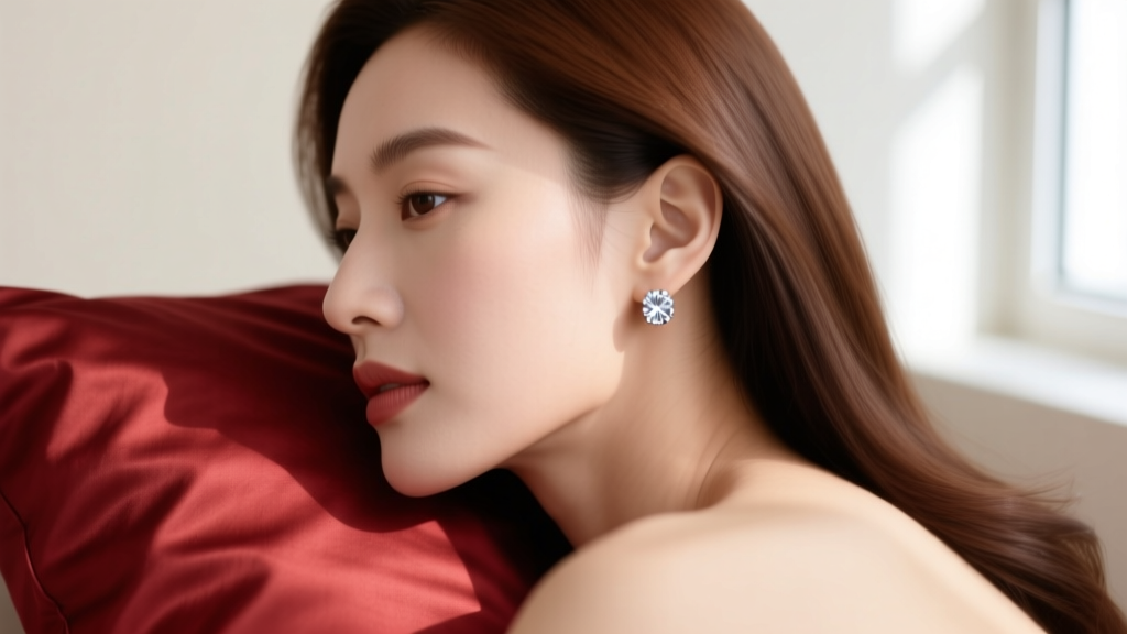 Side profile of a woman on a silk pillow, her right ear wearing a smooth bezel-set diamond huggie earring avoiding fabric snags