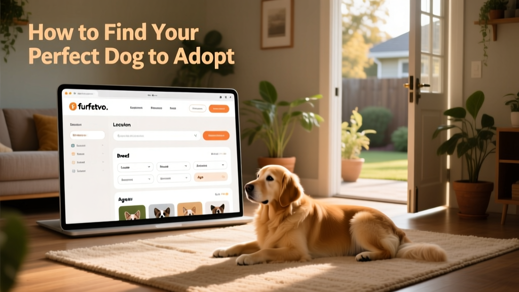 Screenshot-style image showing the furpetvo.com homepage with clear search filters for location, breed, and age