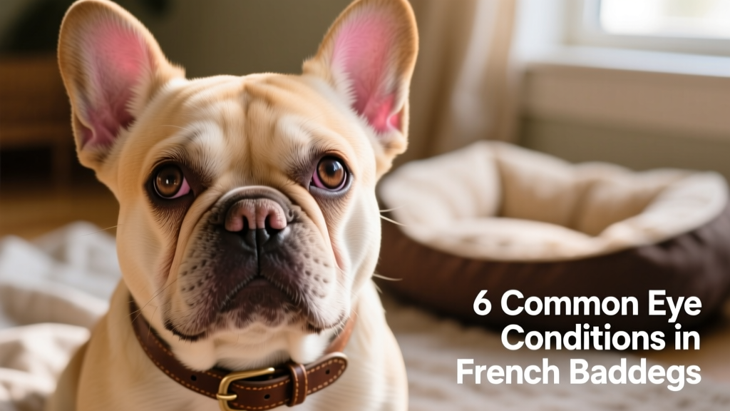 Close-up portrait of a French Bulldog showing expressive, slightly protruding eyes with healthy pink eyelids