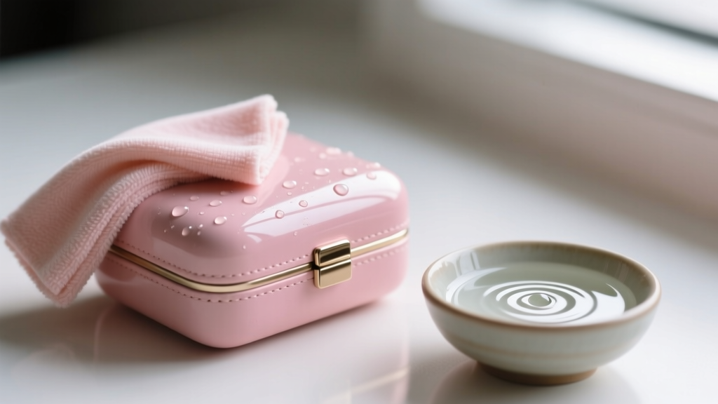 Microfiber cloth wiping the polyurethane exterior of a blush pink mini jewelry case, beside a small bowl of mild soapy water
