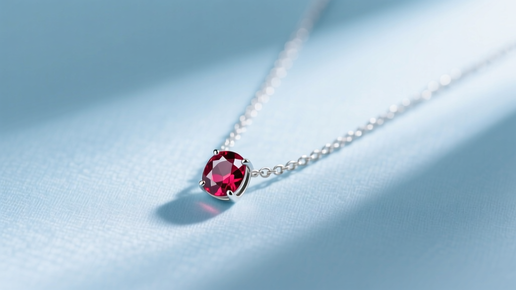 Sterling silver chain necklace with a small bezel-set ruby pendant resting gently on a soft pastel blue fabric background