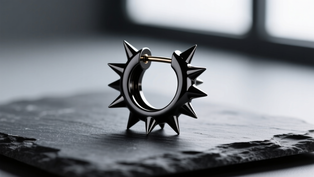 Macro shot of a 14-gauge titanium spiked earring with matte black finish resting on dark slate under dramatic side lighting