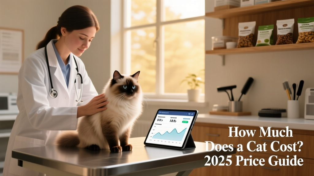 A veterinarian gently examining a calm cat during a routine wellness checkup, with digital charts visible on a nearby tablet