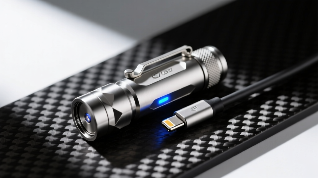 Close-up of a machined titanium pocket flashlight with a magnetic charging cable attached, resting on a textured carbon fiber surface