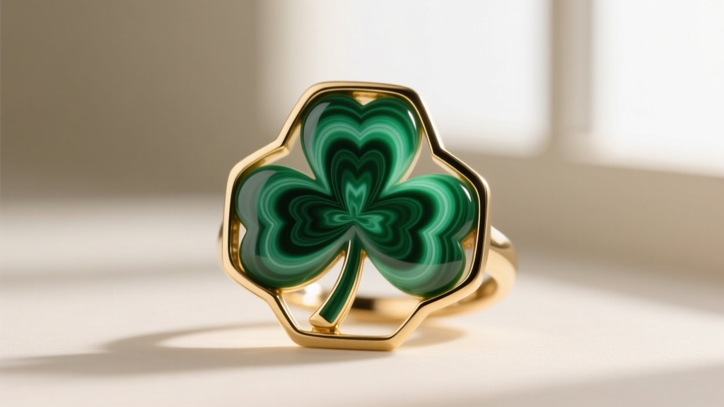 Close-up of a carved malachite clover stone showing vivid green banding, set inside a polished 14k gold bezel edge.