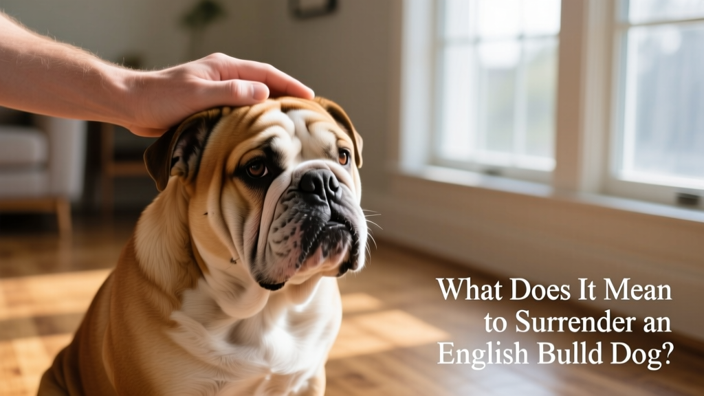 A calm English Bulldog sitting beside a person’s hand resting gently on its head
