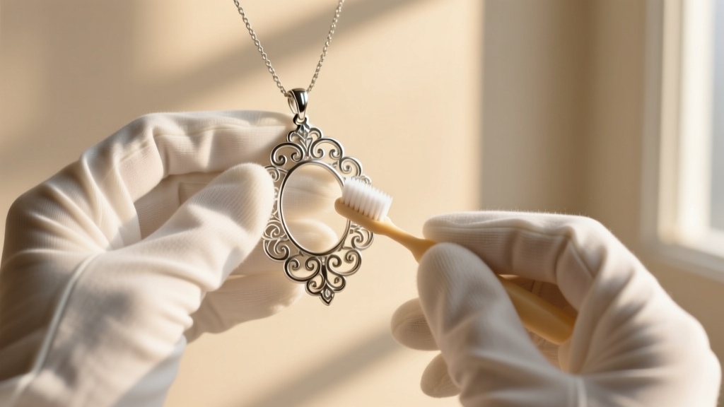 Hands in white cotton gloves using a soft baby toothbrush to gently clean an intricate silver filigree pendant under warm light.