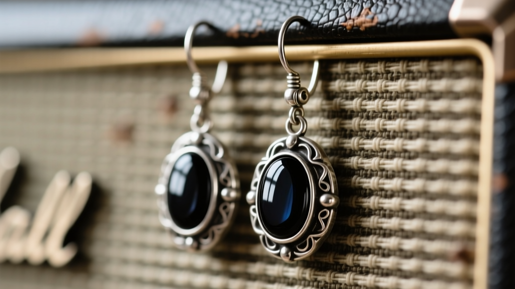 Macro shot of oxidized sterling silver drop earrings with black onyx cabochons resting on a vintage guitar amplifier grill cloth