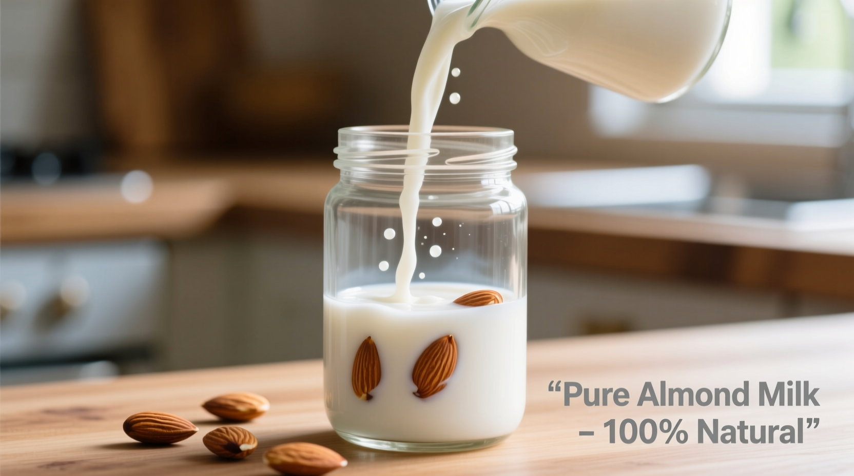 Almond milk poured into glass with almonds