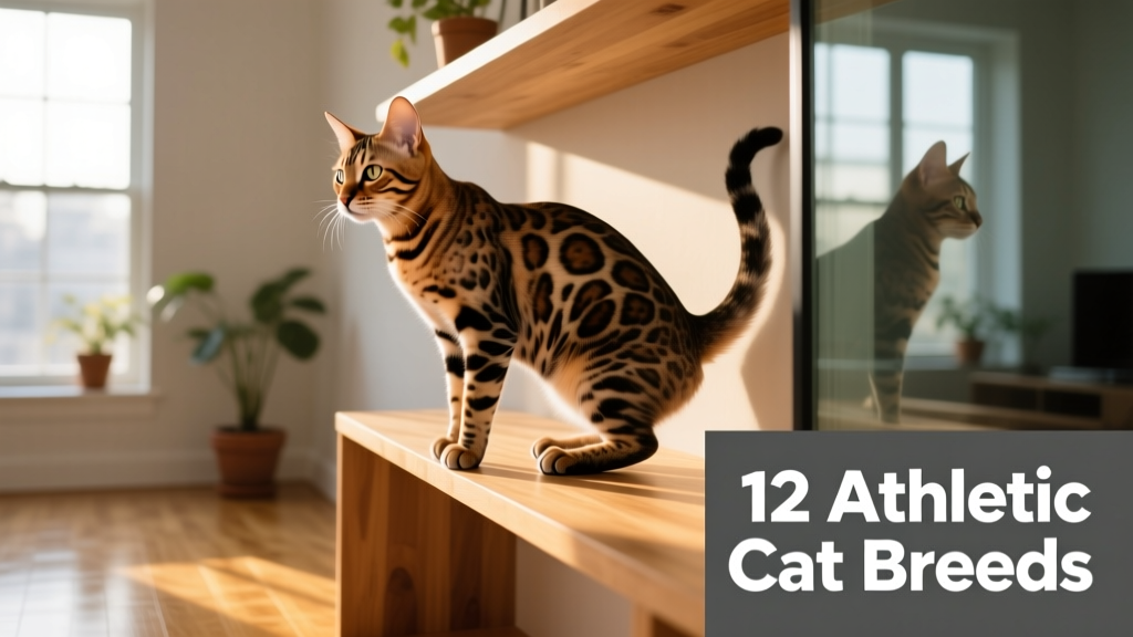 A sleek Bengal cat perched alertly on a high shelf, surveying the room