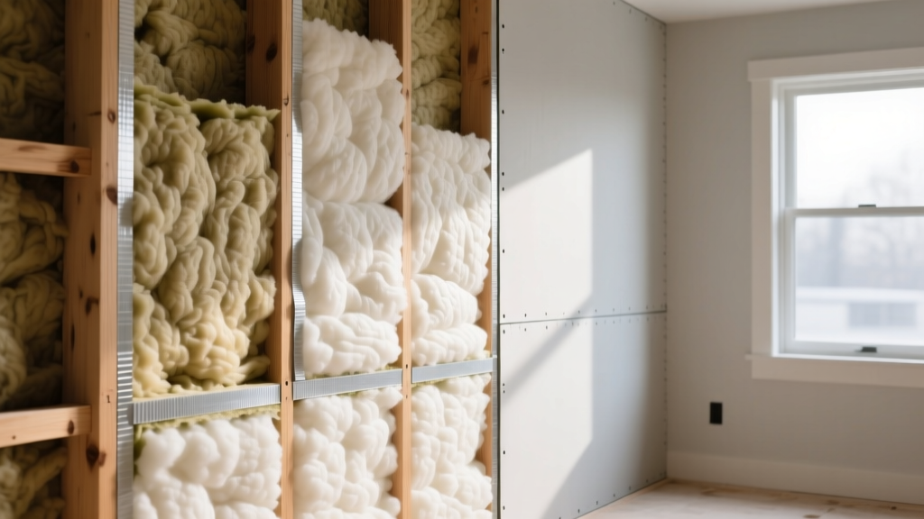 Interior wall cross-section showing dense mineral wool batts between wooden studs with acoustic sealant at drywall edges