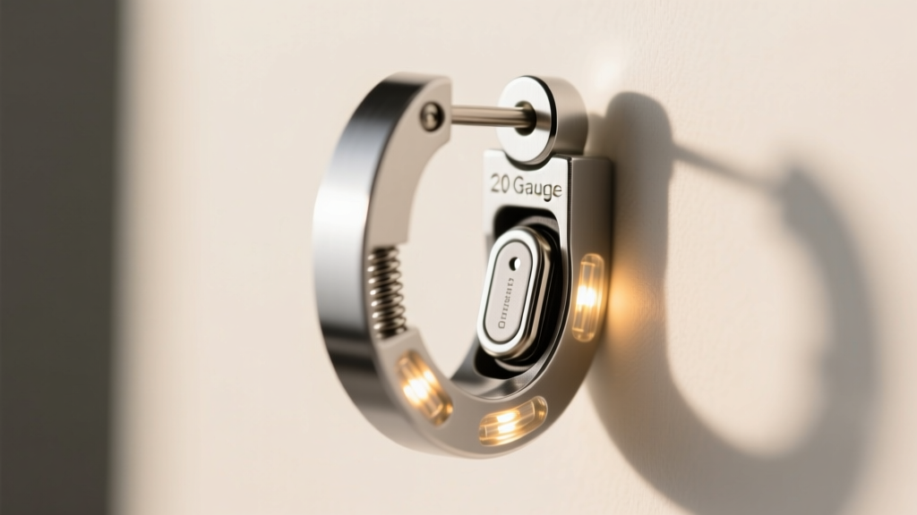 Side profile of a 20-gauge titanium earring post integrated into a silver light-up holiday earring showing a secure battery latch