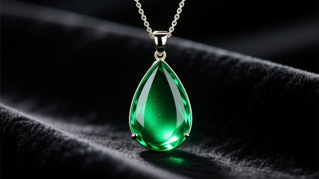 Close-up of a teardrop mood necklace pendant glowing vibrant emerald green, resting on dark velvet in soft, warm studio lighting.