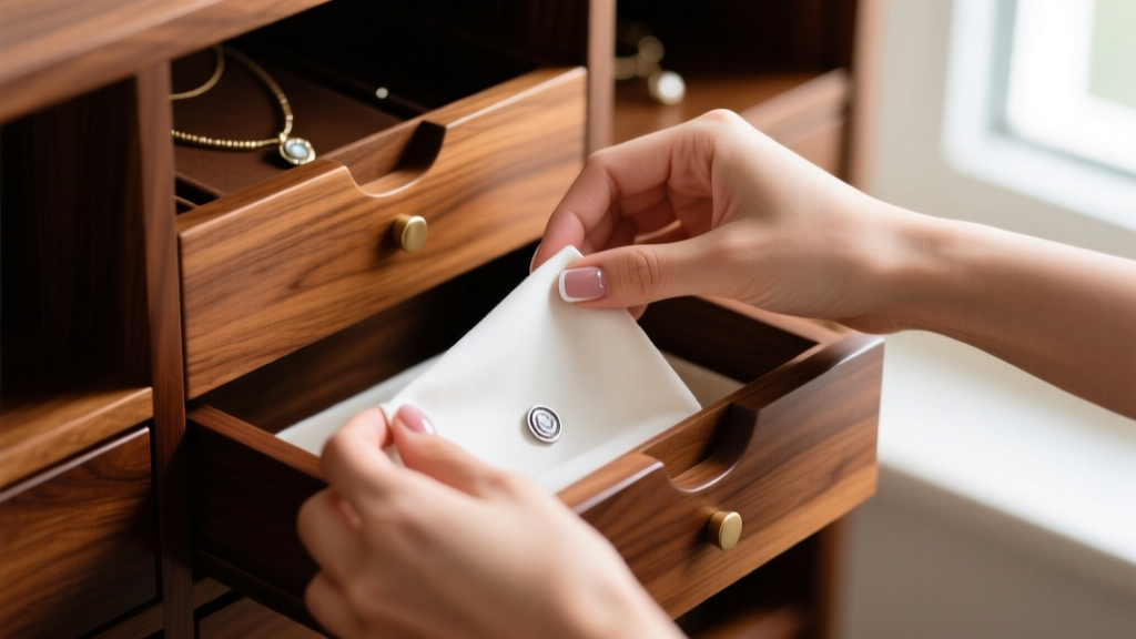 Close-up of hands installing anti-tarnish Pacific cloth into the shallow drawers of a custom walnut necklace box organizer.