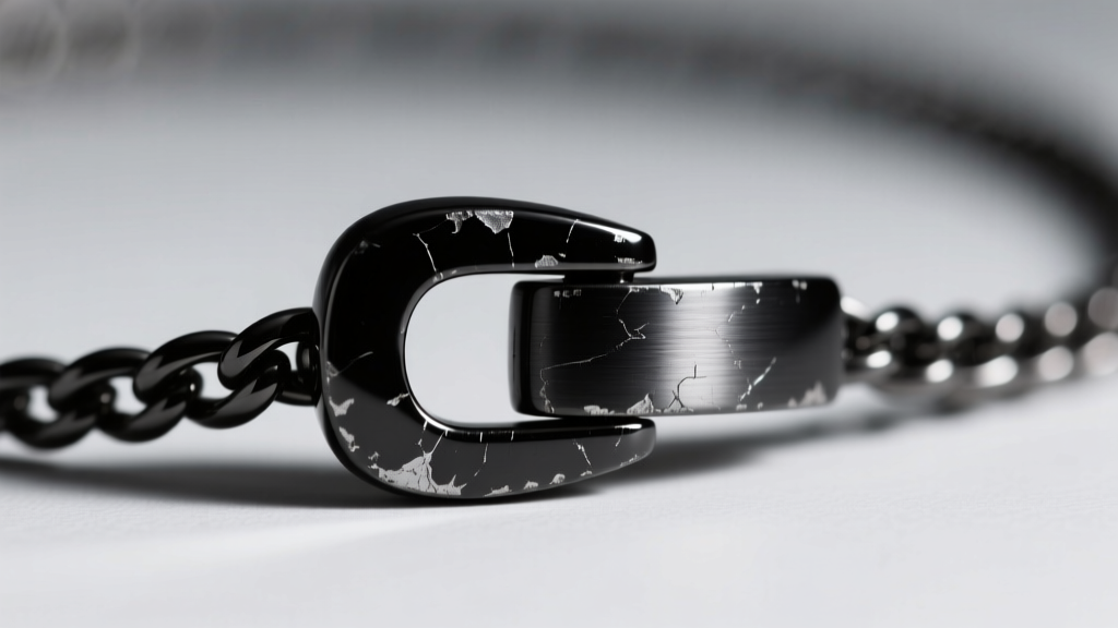 Close-up of a black titanium necklace clasp showing minor PVD wear, revealing the natural silver-grey titanium metal underneath.