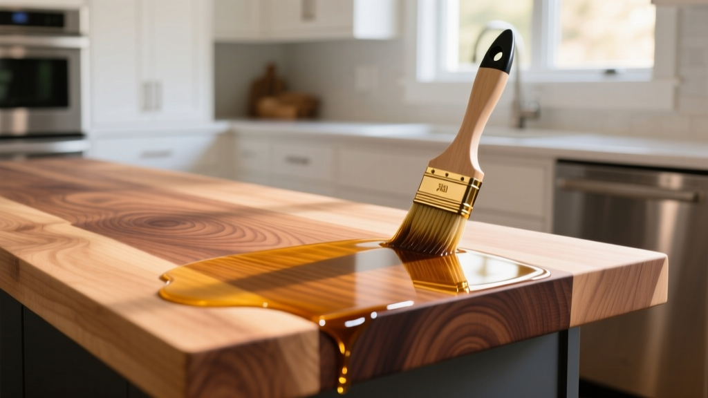 Close-up of a thick edge-grain maple butcher block countertop being sealed with food-safe mineral oil in a modern kitchen installation