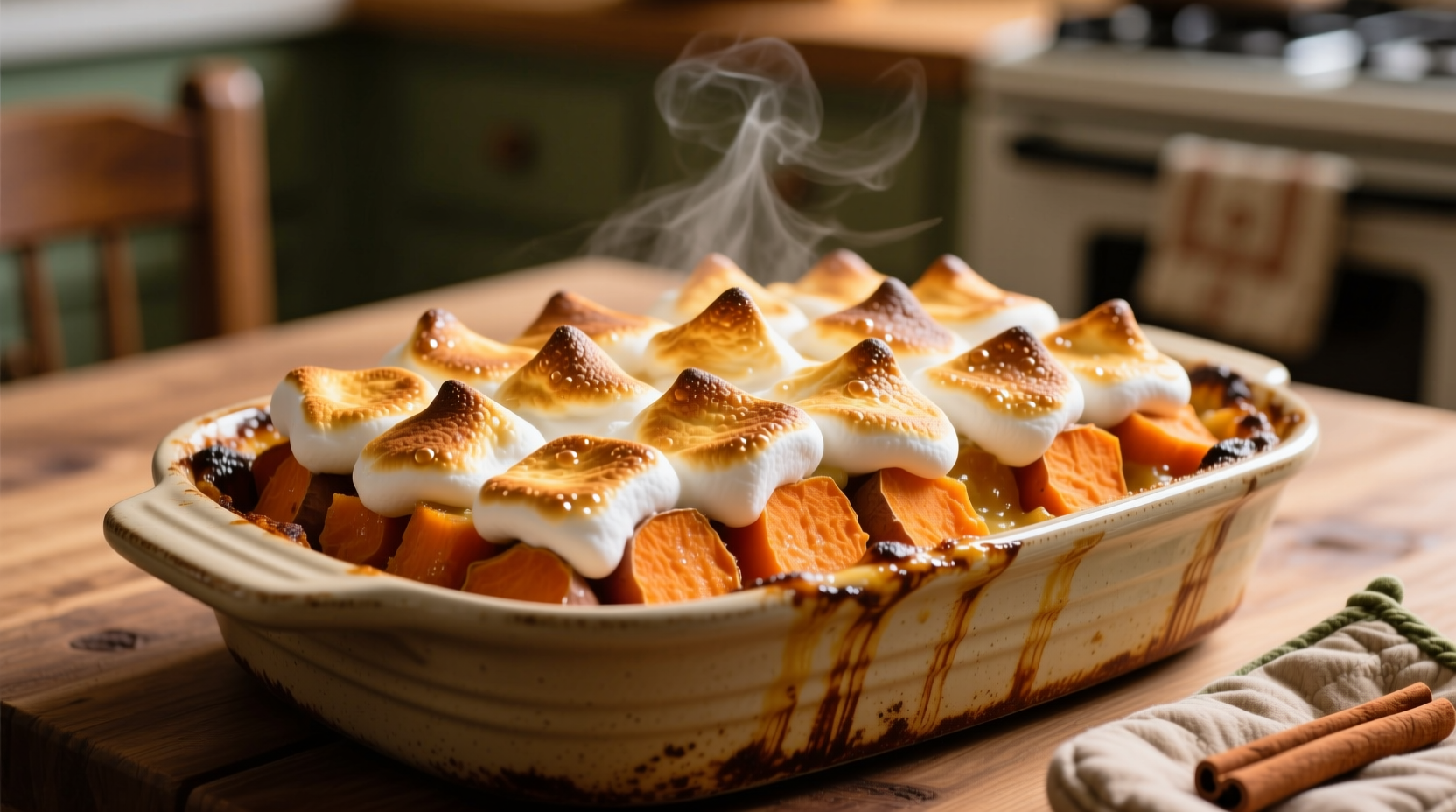 Golden baked sweet potato casserole with toasted marshmallow topping