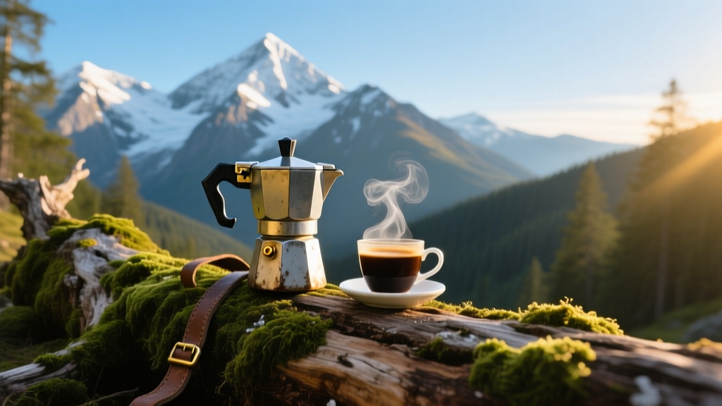 A rugged portable espresso maker resting on a mossy alpine log, with snow-capped peaks and a steaming cup of coffee in the background.