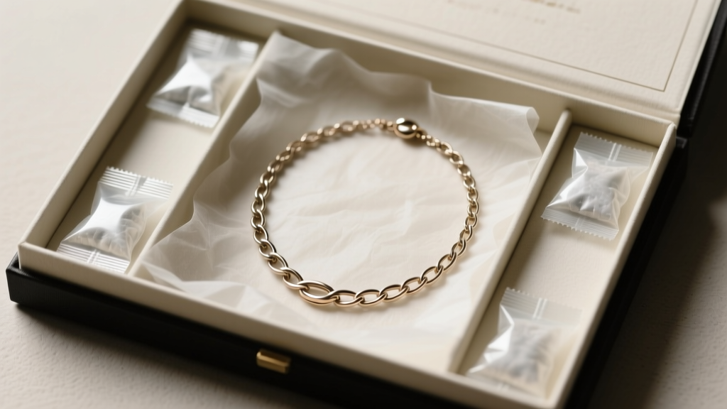 Thames trade necklace stored in an archival acid-free tissue box with silica gel packets, avoiding harsh ultrasonic cleaners.
