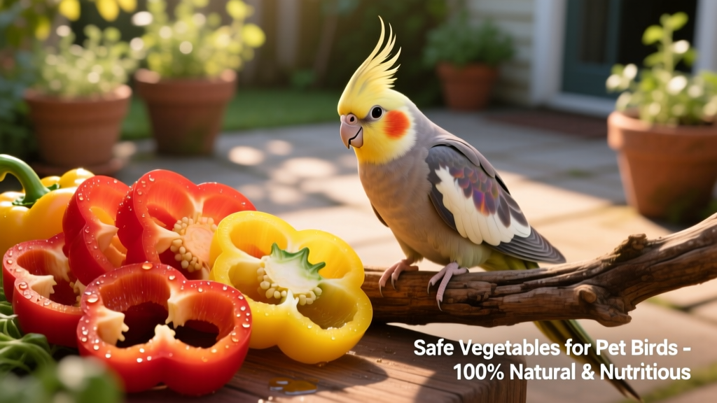 Sliced red and yellow bell peppers arranged beside a perched cockatiel