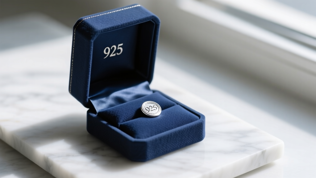A stamped 925 silver hallmark next to a folded anti-tarnish strip inside a navy blue linen jewelry box resting on a marble slab