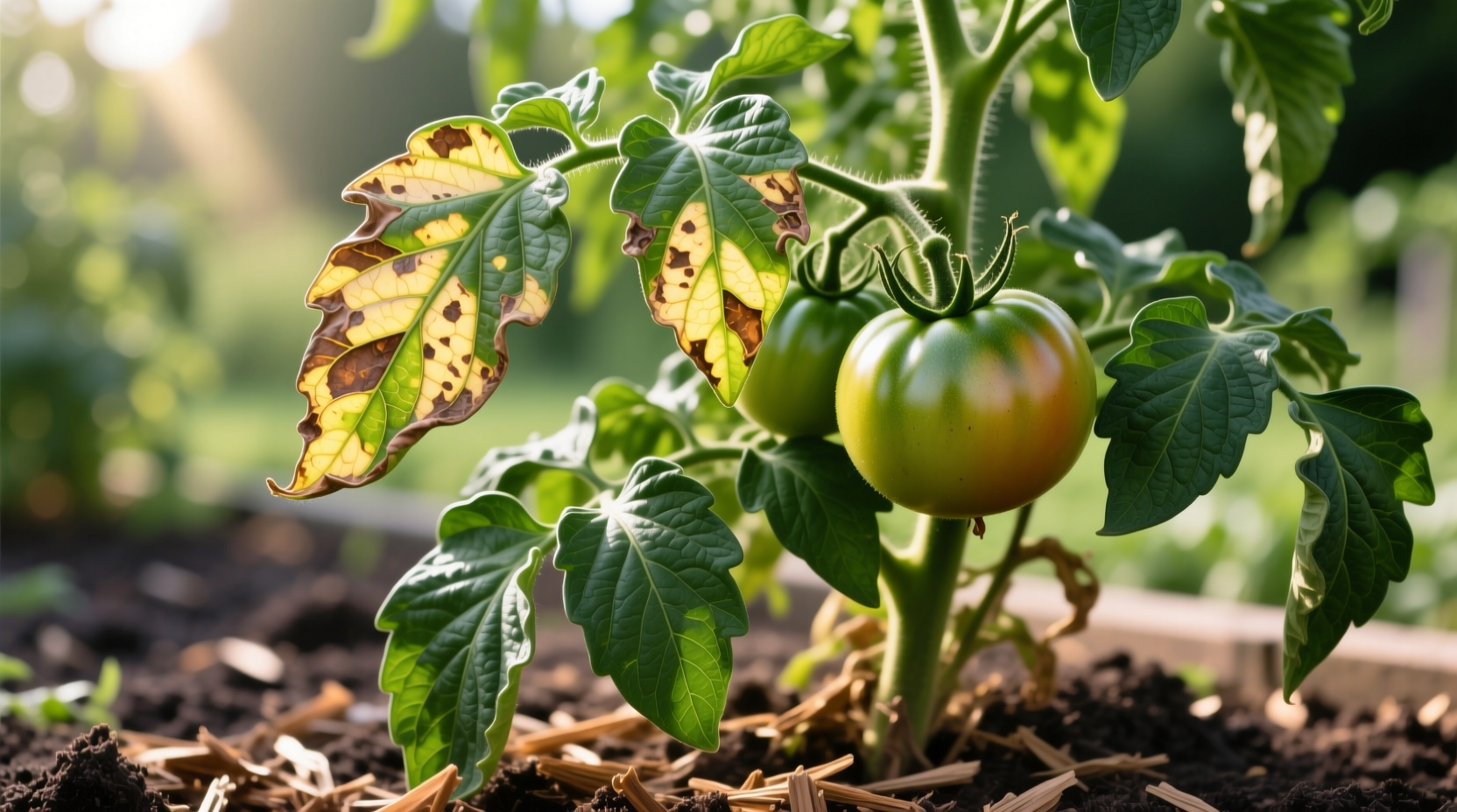 Tomato plant showing sunscald damage on upper leaves