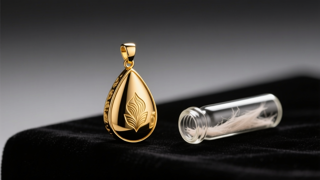 Polished 24k gold teardrop cremation pendant on dark velvet next to a small glass vial of ashes under soft, warm studio lighting.