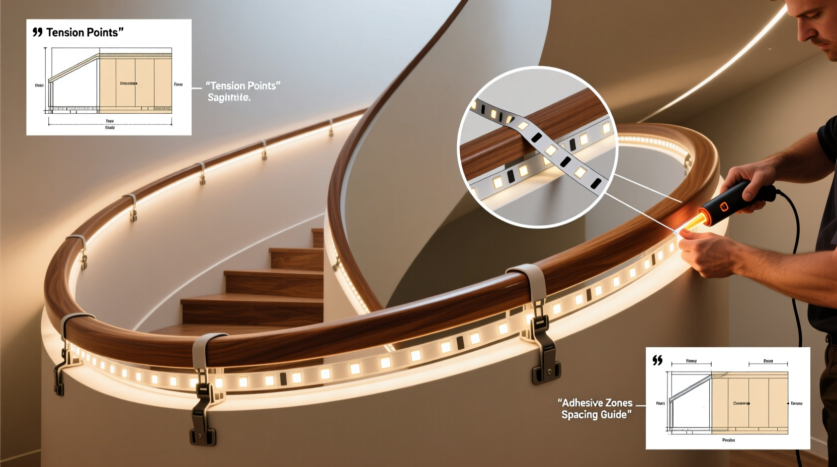 how to wrap lights around curved stair railings evenly without gaps or sagging