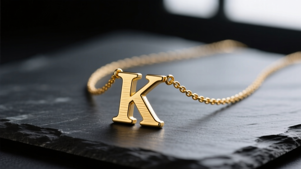 Close-up of a solid 14k yellow gold K initial necklace resting on dark slate, highlighting the brushed metal texture and bail.