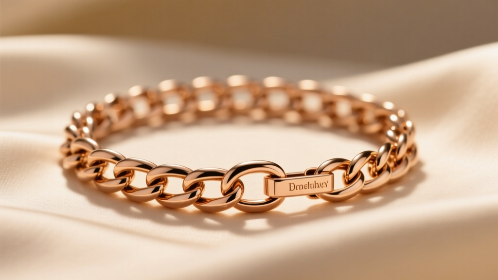 Side profile of a 1.2mm 18k rose gold box chain with a secure lobster clasp, resting on silk fabric with warm ambient lighting