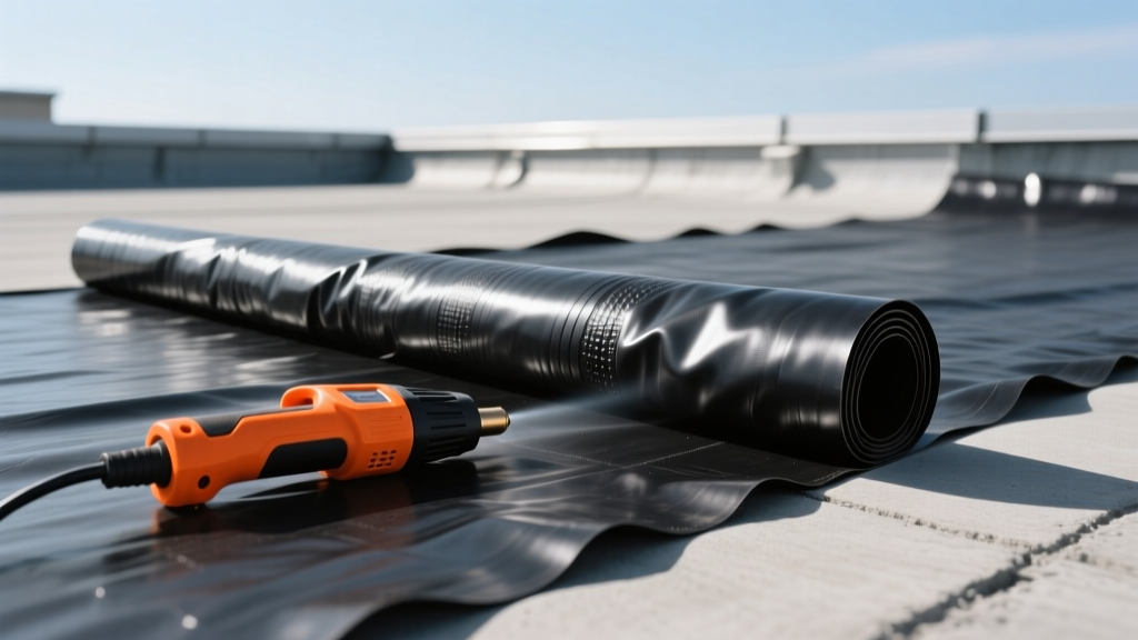 Close-up of a black EPDM rubber membrane being unrolled over a commercial flat roof deck with a bright orange heat-welding tool nearby