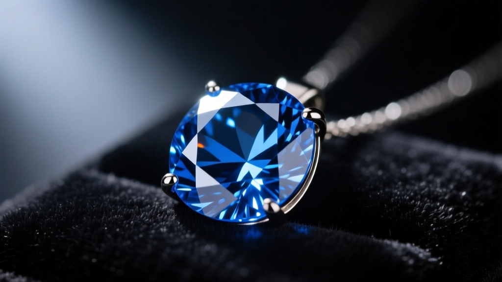 Close-up of a brilliant-cut blue sapphire pendant on dark velvet, illuminated by soft directional lighting to highlight its facets.