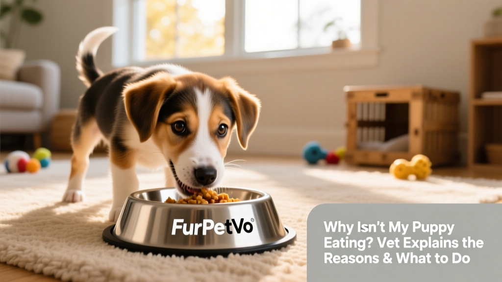A happy, healthy puppy eating from a stainless steel bowl with FurPetVo puppy food visible on the label