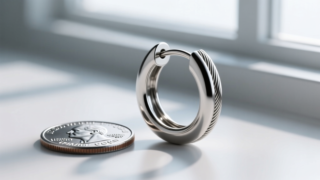 Macro photo of a 20mm titanium hoop earring next to a US nickel coin for scale, showing the 18-gauge wire thickness clearly.
