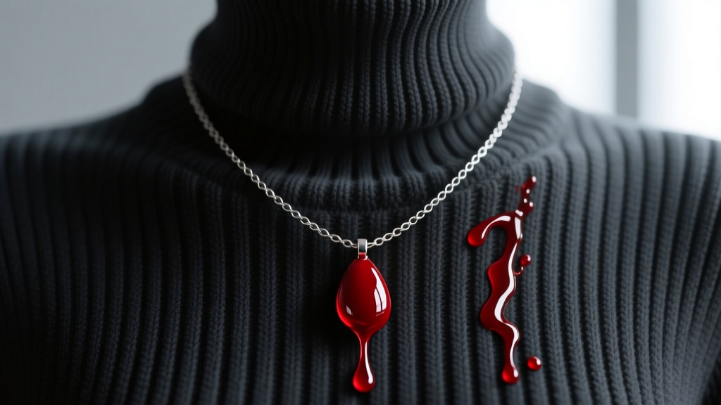 Dripping blood necklace on a 2mm steel rope chain over a dark ribbed turtleneck sweater, photographed in soft natural window light
