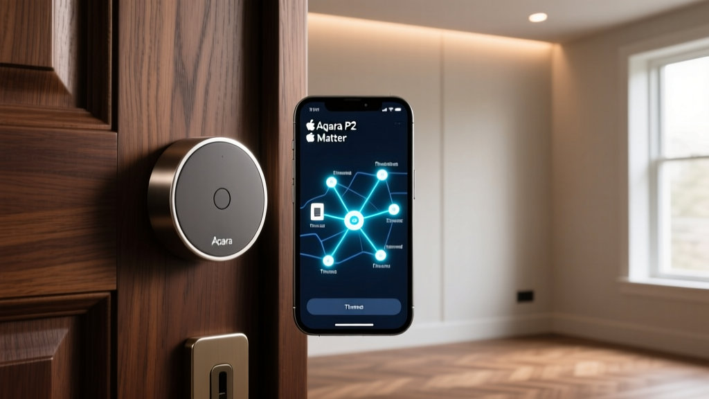 Aqara P2 Matter door sensor on dark oak door frame next to smartphone displaying Apple Home app Thread network topology map