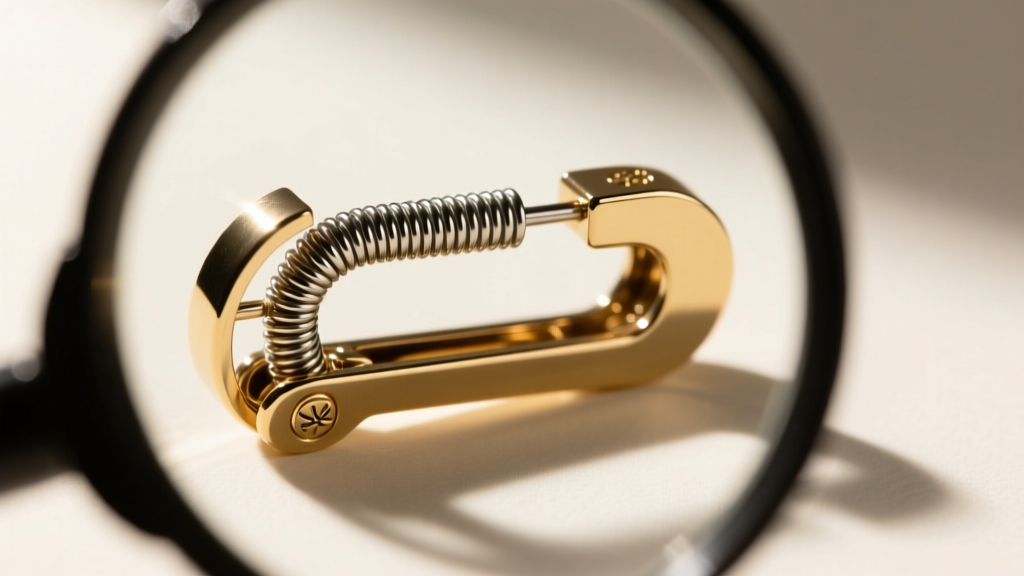 Loupe view of a Loewe Omega clip earring hinge, showing the precision-machined steel spring and polished brass housing structure.