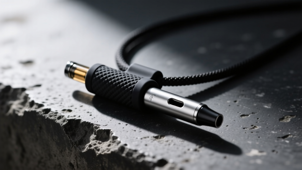 Close-up of a matte black silicone vape necklace holder securing a sleek silver disposable vape, resting on dark concrete.