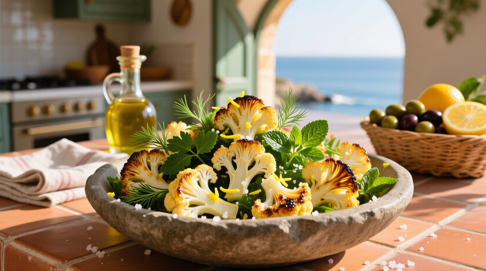 Colorful Mediterranean cauliflower salad with roasted florets and fresh herbs