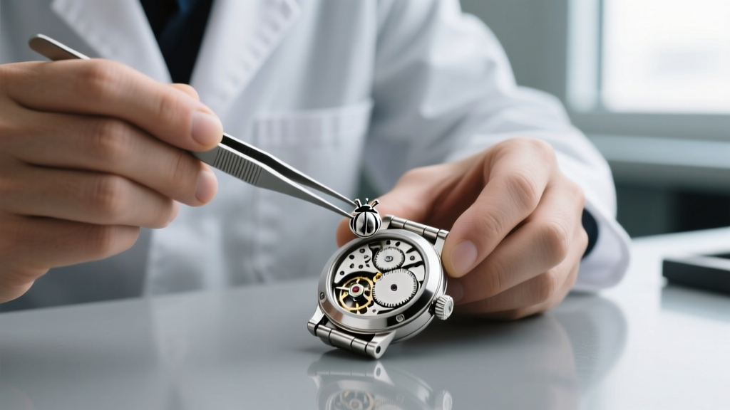Jeweler using fine tweezers to replace a tiny SR626SW battery inside a disassembled sterling silver ladybug charm watch movement.