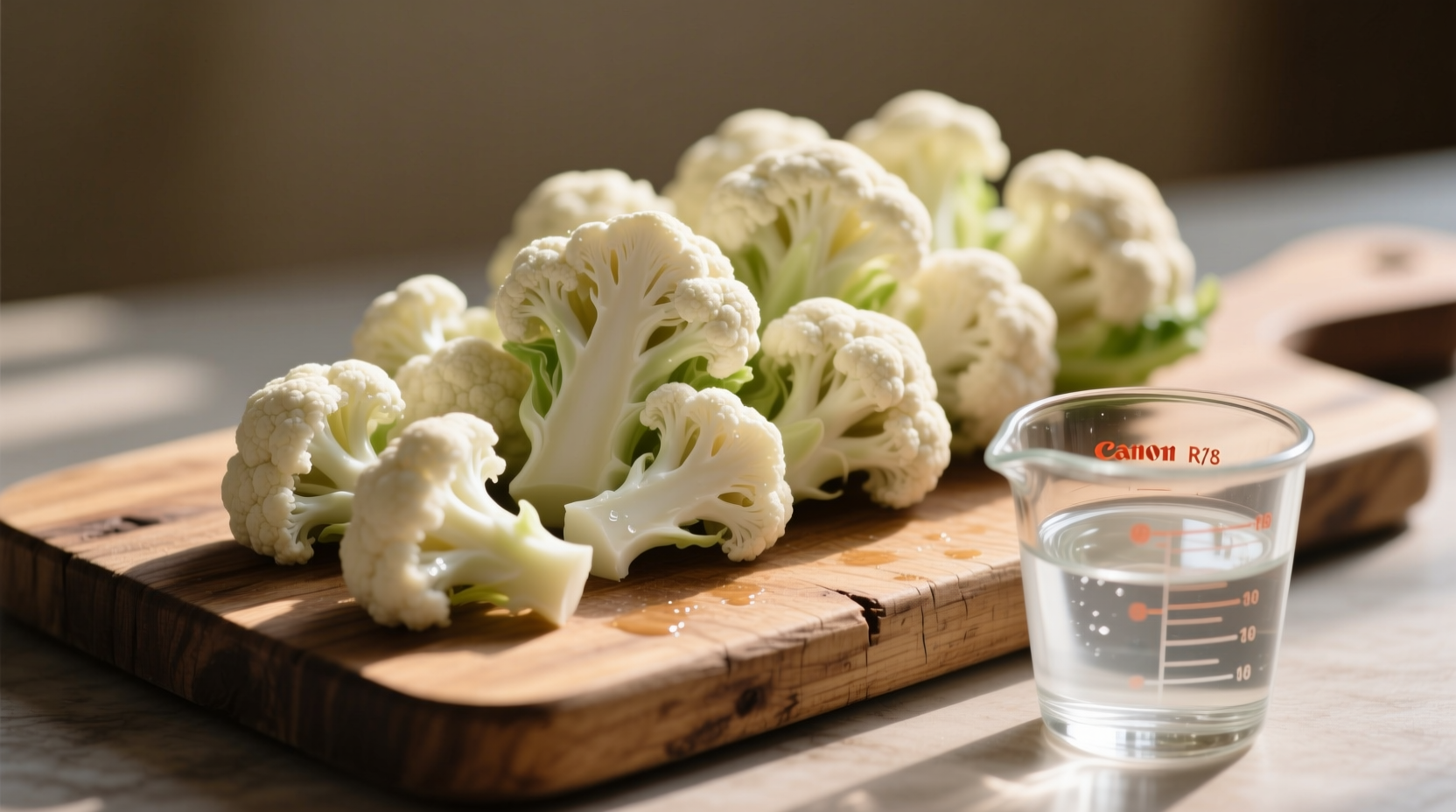 Cauliflower florets on cutting board with measuring cup