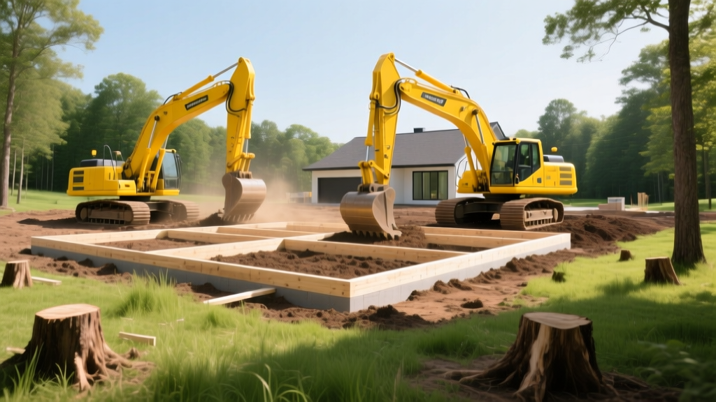 Cleared wooded lot with yellow excavators grading soil and wooden foundation forms set for a new residential home build