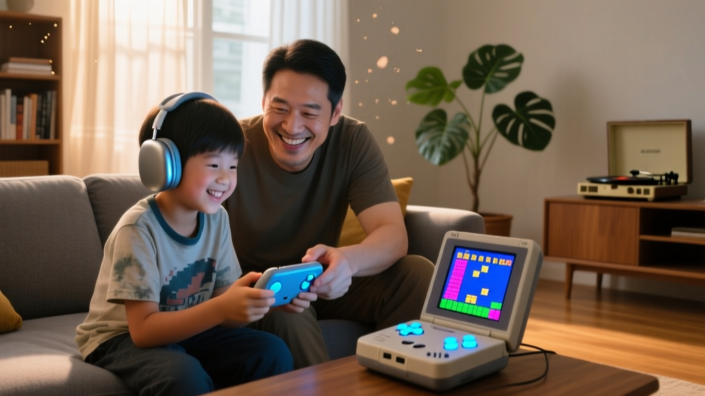 A father and son playing retro video games on a handheld console using a compact Bluetooth Hall-effect gamepad in a cozy living room.