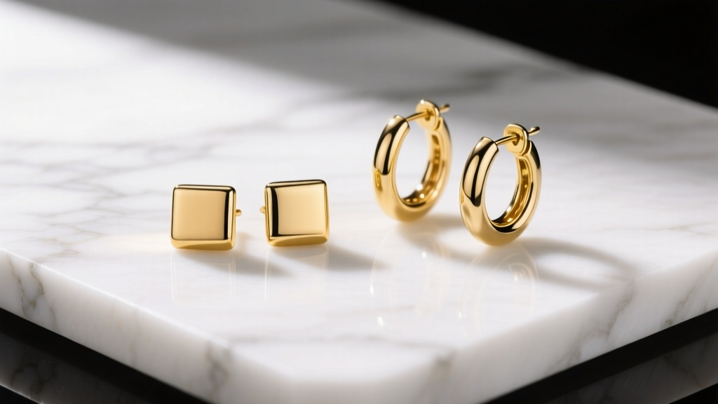 Flat lay of polished 14k yellow gold square stud and hoop earrings on white marble with soft directional lighting.