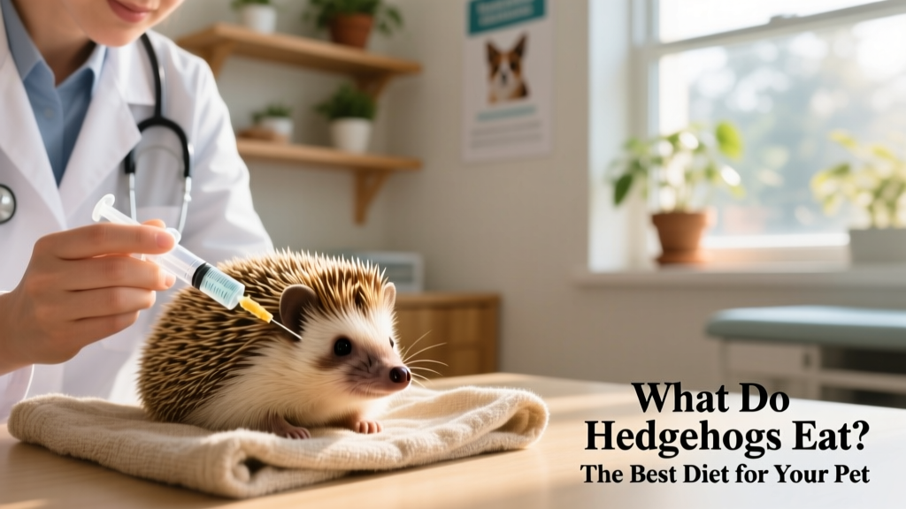 Veterinarian gently offering food from a small syringe to a calm hedgehog during a wellness check