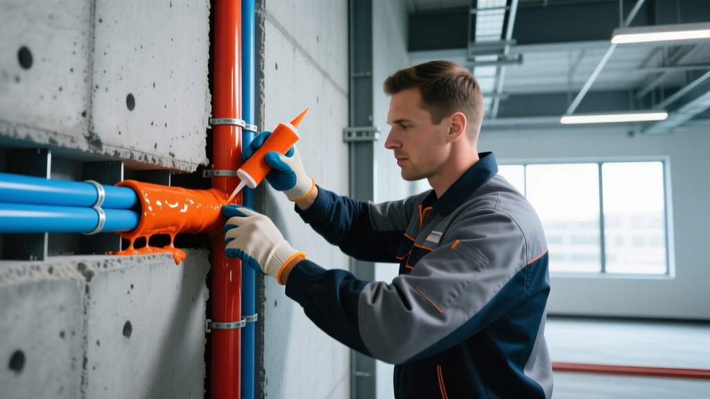 Electrician applying intumescent fire-stop sealant around XLPE insulated power cables penetrating a concrete firewall in a commercial building
