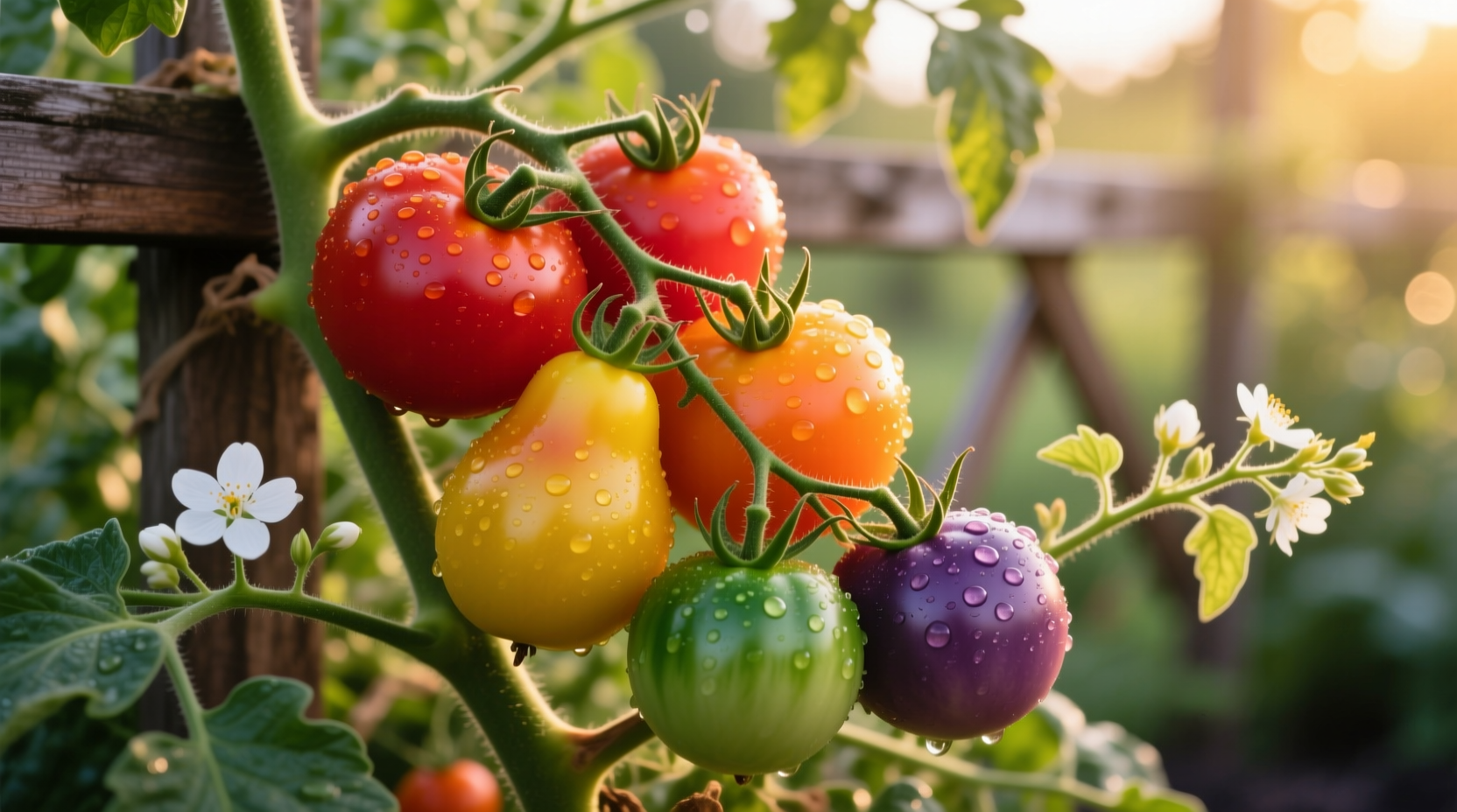 Colorful heirloom tomatoes on vine with varied shapes and hues