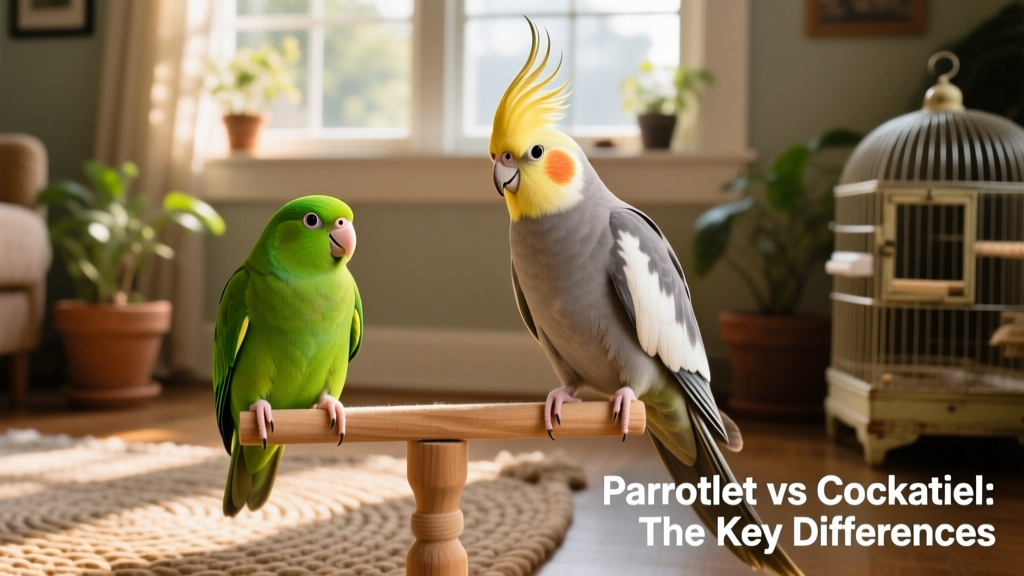 Side-by-side comparison showing a compact, vibrant parrotlet next to a larger, crested cockatiel
