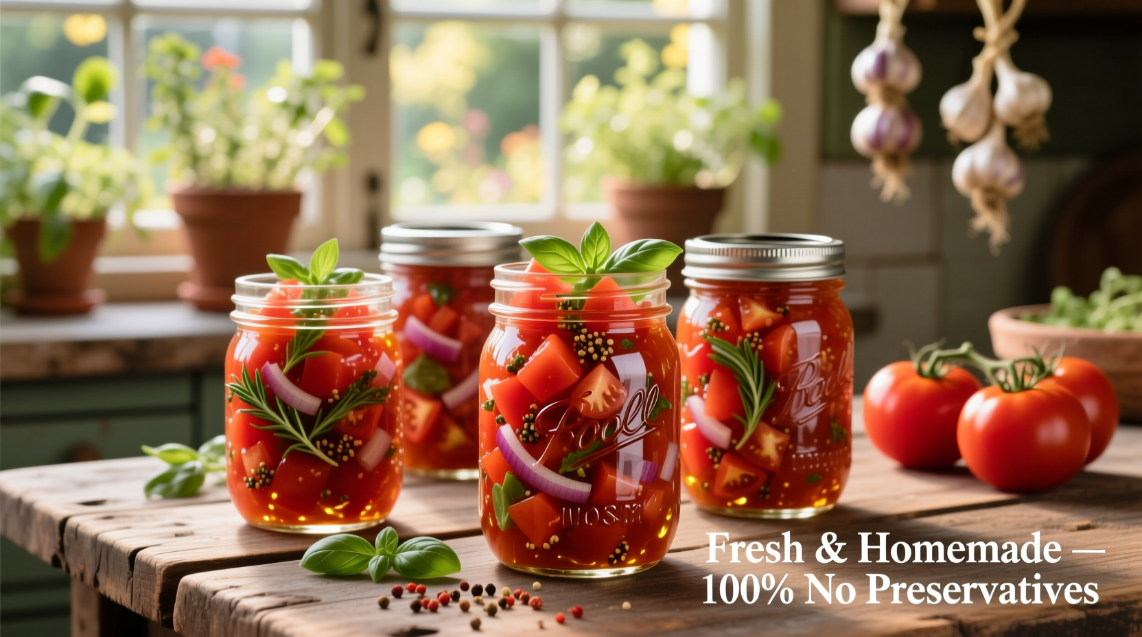 Homemade tomato relish in mason jars with fresh tomatoes
