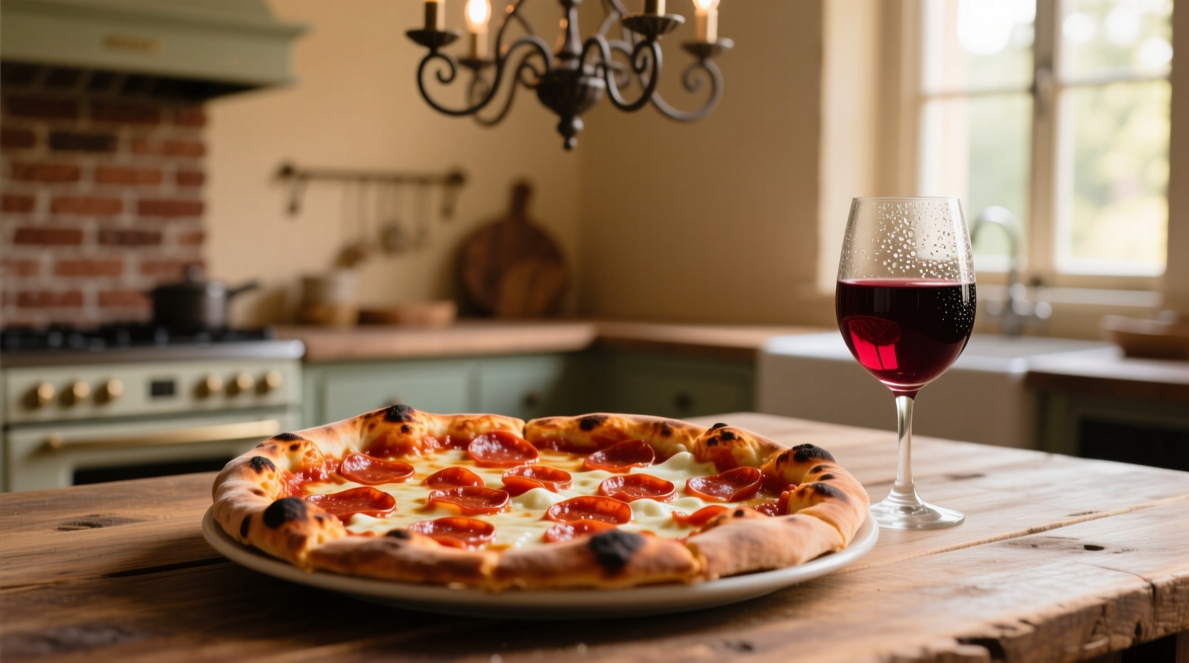 Pizza with tomato sauce and glass of red wine